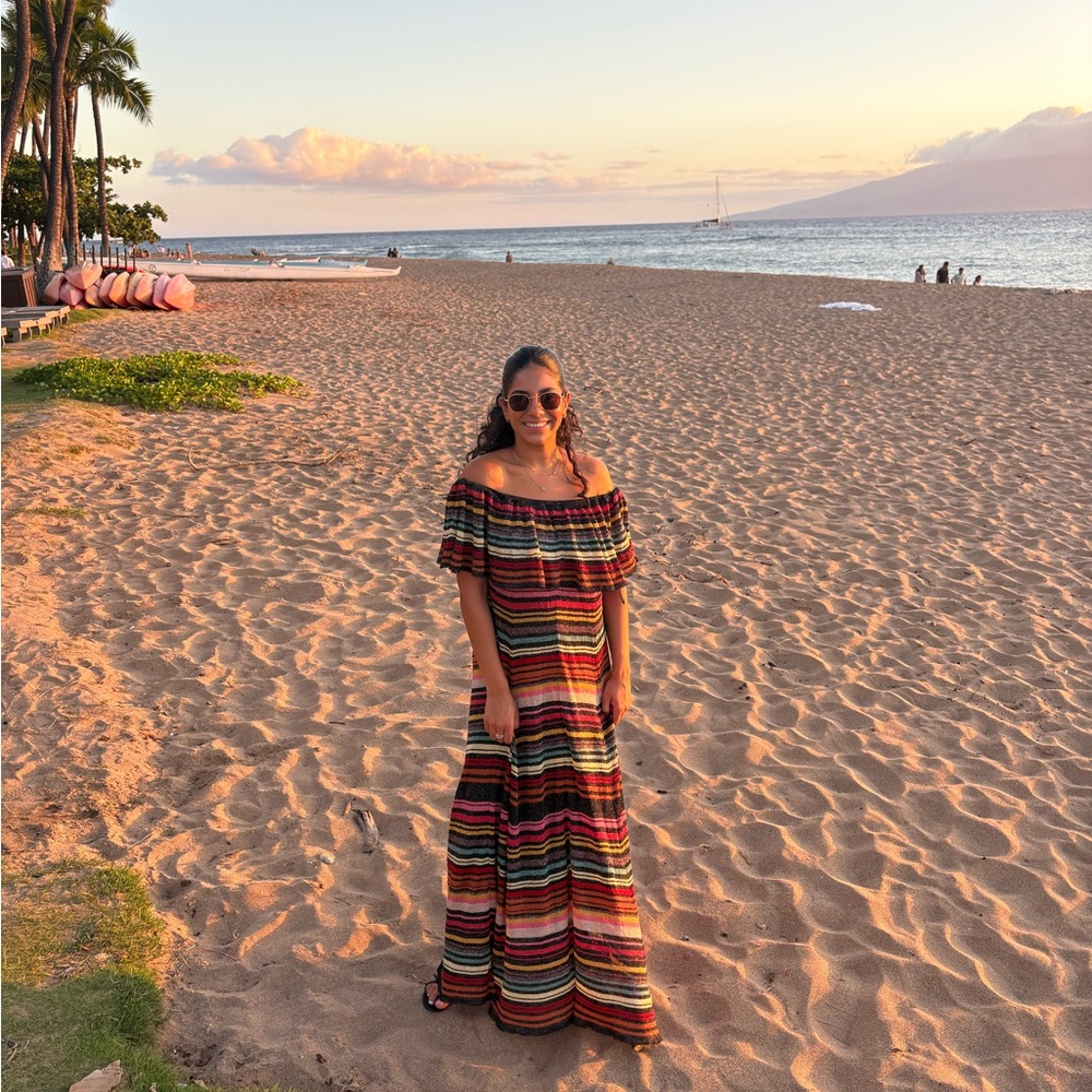Zara Off-Shoulder Maxi Dress in Black, Pink, Yellow, Blue and Green Stripes